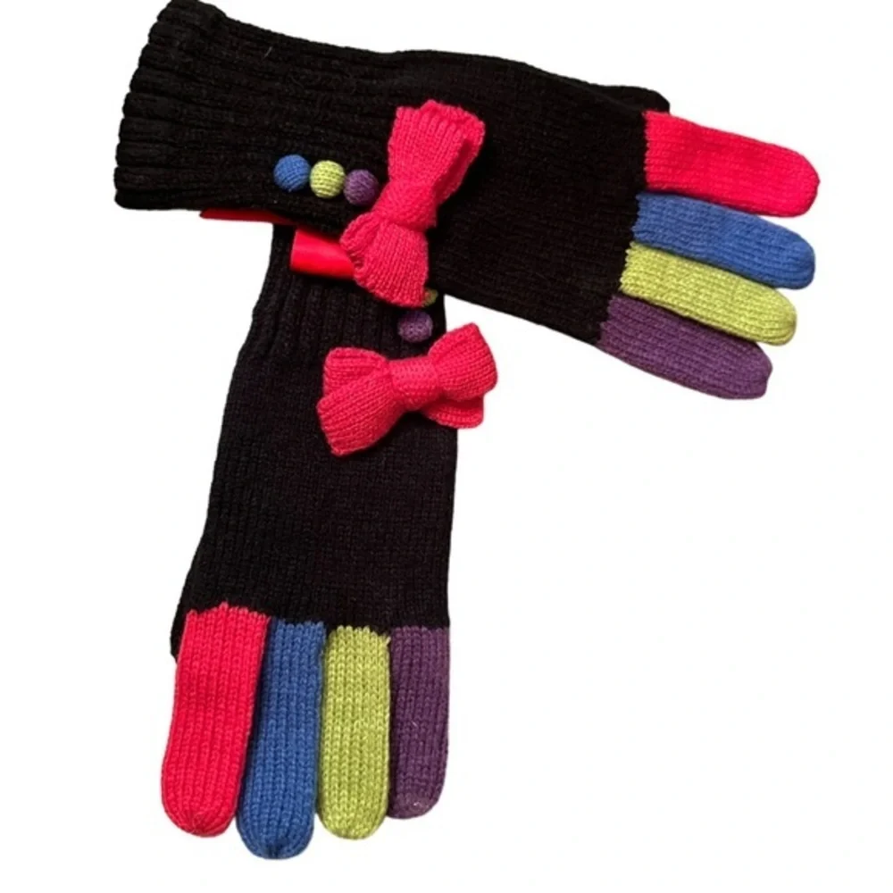 Gloves black with colorful fingers pink green blue purple & buttons pink bow NWT